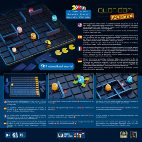 "Image du jeu de société Quoridor Pac-Man, combinant stratégie et l'univers rétro de Pac-Man. Ce jeu captivant, adapté dès 8 ans, offre des défis de réflexion et des moments de fun pour toute la famille ou entre amis."