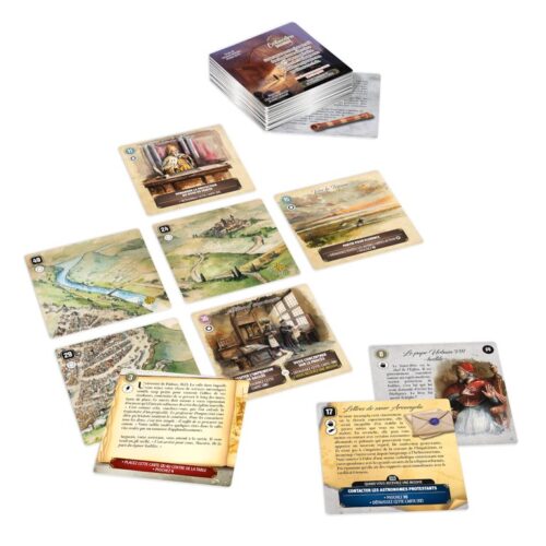 "Boîte de jeu CARTAVENTURA : COSMOLOGIA posée sur une table en bois, entourée de cartes illustrées représentant des scènes historiques et fantastiques."